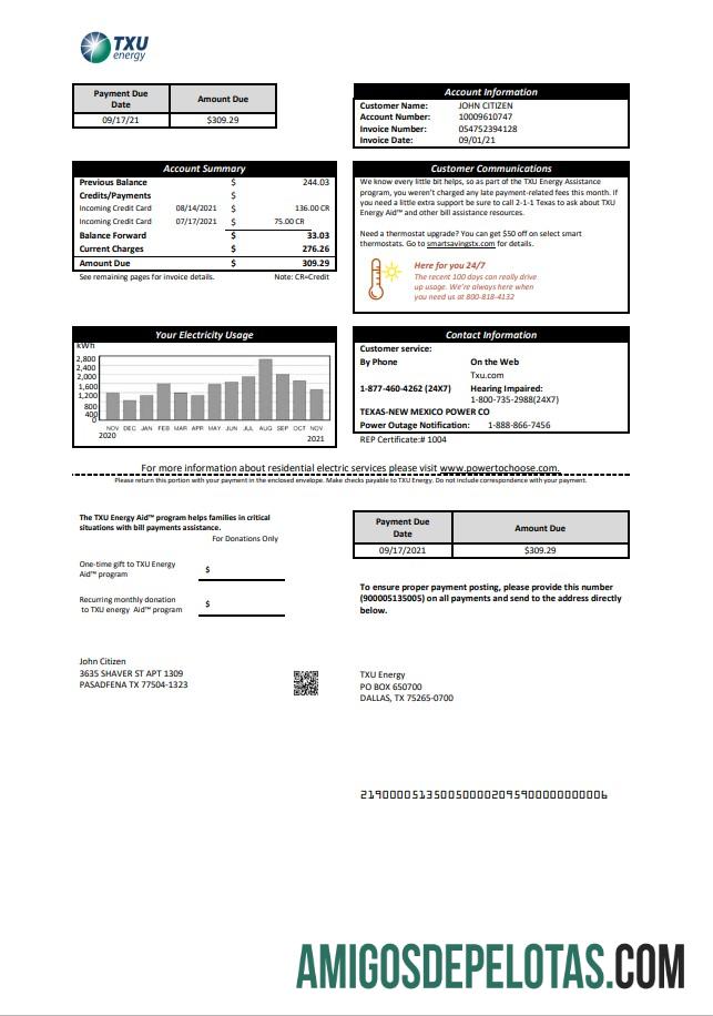 Em branco modelo de fatura de serviços públicos de energia dos EUA Texas TXU em formato Word e PDF